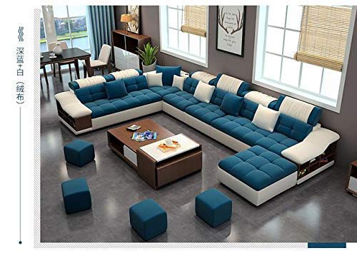 Lukrain Bonjour Furniture Living and Dining Hall Nylon U Shape Sofa Set 3, 2, 2, Corner, 4 Pease Puffy, Dewan, Standard Size (Blue and White)