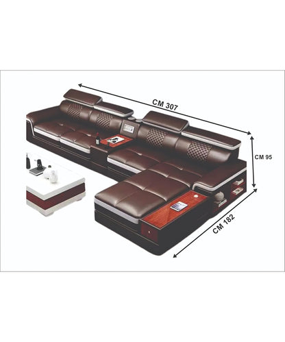 LUKRAIN Furniture L Shape 6 Seater Bluetooth Speaker, USB Port Leather Sofa Set with Free 4 Cushion | without Centre Table Sofa for Your Living Room, Bedroom, Home, Office (Brown, 1 Year Warranty)