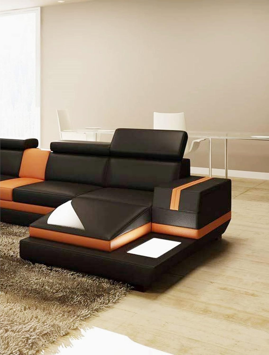 Engineered Wood 7 Seater U Shape Sectional Sofa Set Without Centre Table - 3+2+2 (Colour Black & Orange)