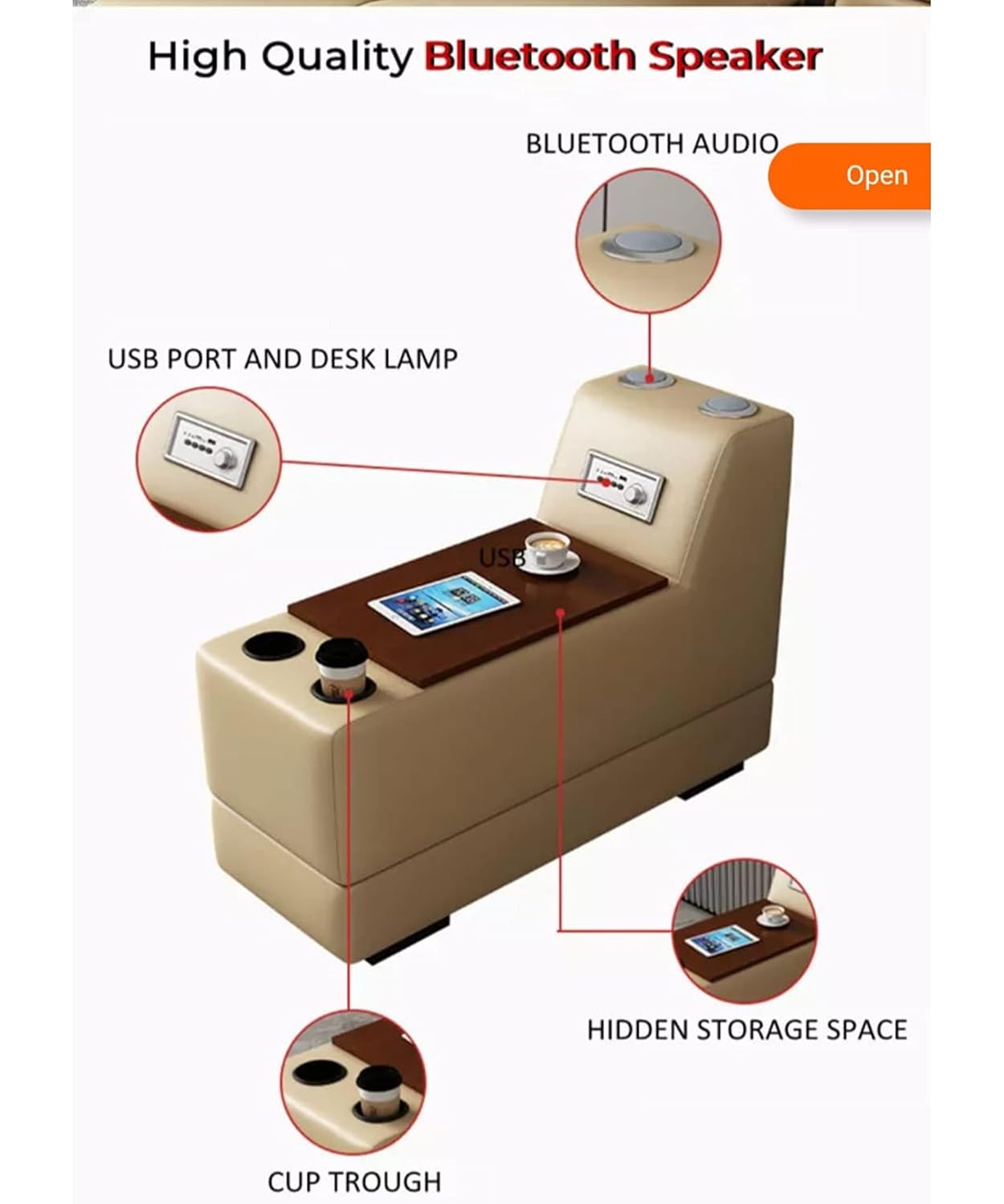 LUKRAIN Furniture L Shape 6 Seater Bluetooth Speaker, USB Port Leather Sofa Set with Free 4 Cushion | without Centre Table Sofa for Your Living Room, Bedroom, Home, Office (Cream, 1 Year Warranty)