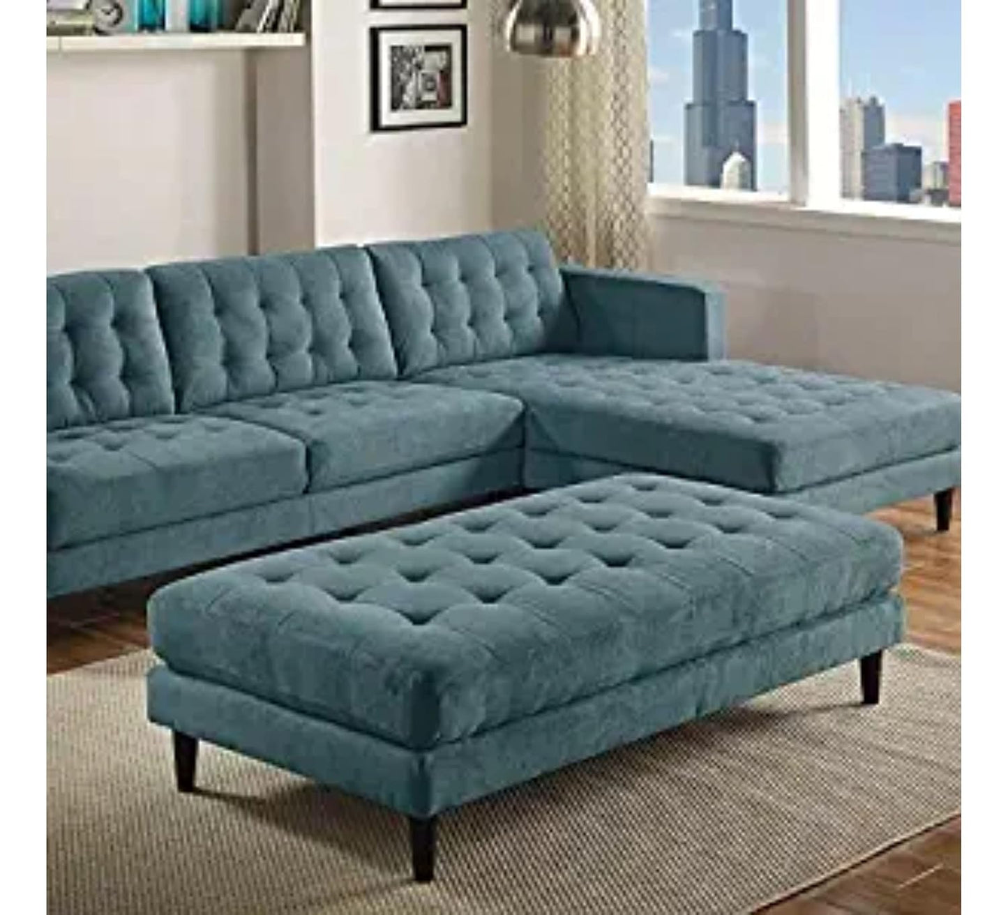 LUKRAIN Furniture L Shape 4 Seater Sofa Set for Living Room(Wood) (2+2 Seater) (Blue)