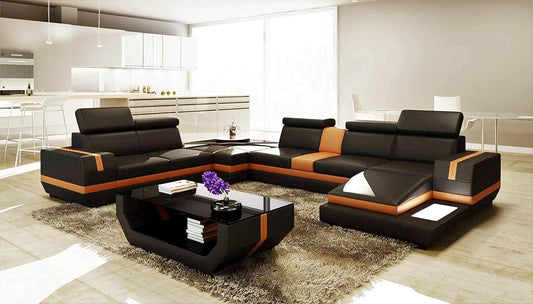 Engineered Wood 7 Seater U Shape Sectional Sofa Set Without Centre Table - 3+2+2 (Colour Black & Orange)