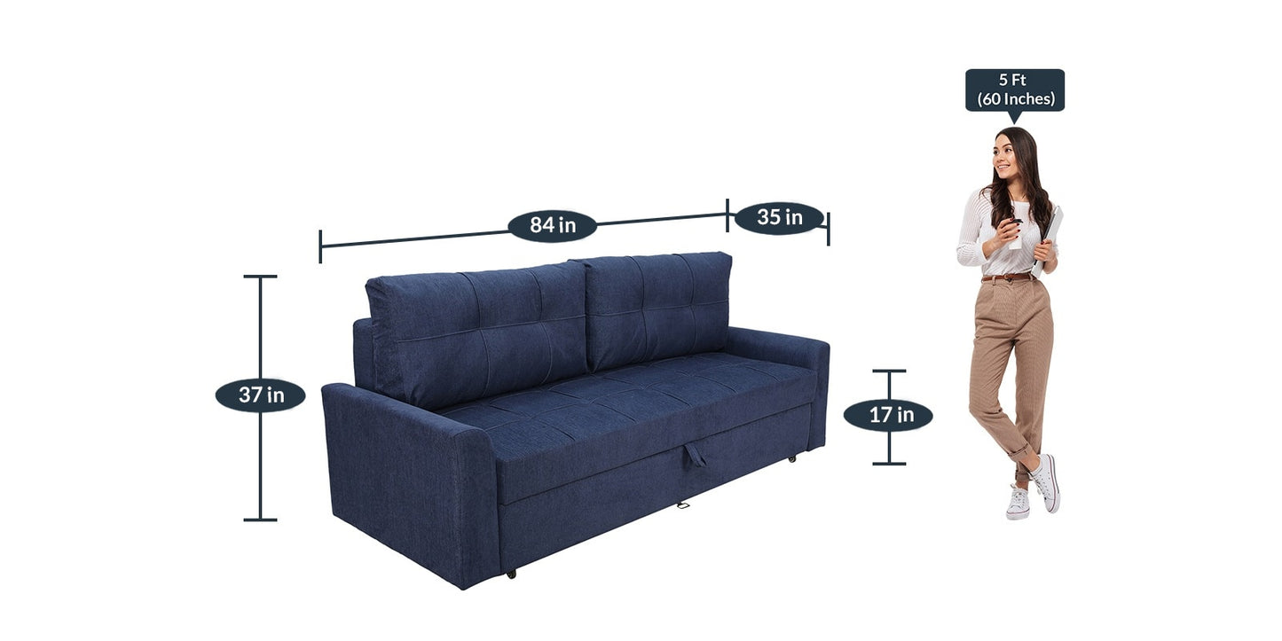 Lukrain Ines Fabric Pull Out Sofa Cum Bed In Navy Blue Colour With Storage