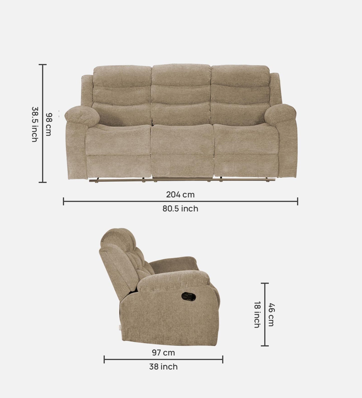 Lukrain Fabric 3 Seater Manual Recliner In Beige Color