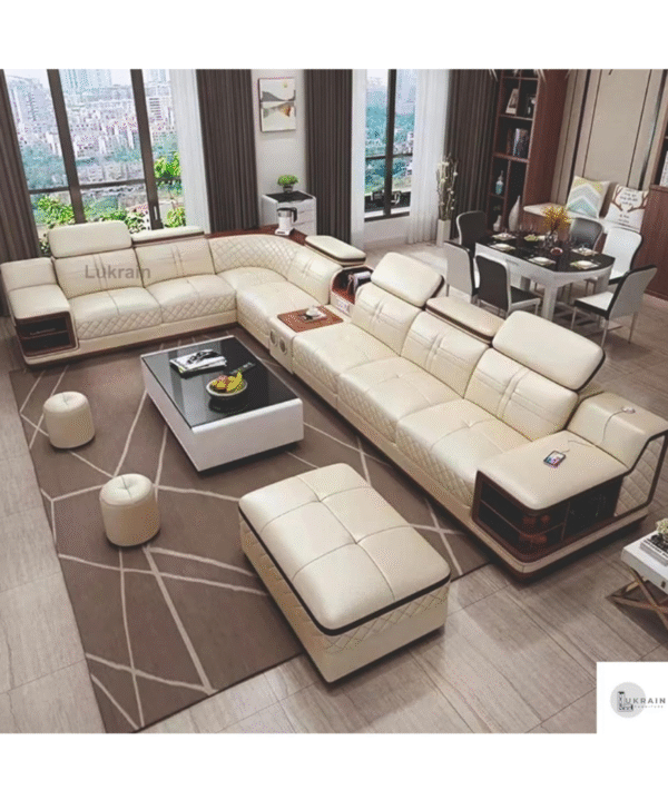 LUKRAIN Furniture L Shape Bluetooth Speaker 7 Seater Luxury Leather Sofa Set Without Centre Table with 2 Sitting Stool & Footrest for Your Living Room, Hotel, Dining Room, Hall (Color - Beige)