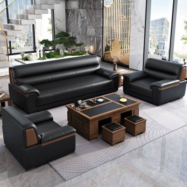 Modern Executive Home and Office Reception Sectional Sofa Set with Black Leather Upholstery, Wooden Frame, Customizable Size and Color – Premium Office Sofa Set for Workspaces, Lobbies, and Meeting Room